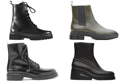 De izda. a dcha. y de arriba abajo: botas de Essentiel Antwerp (295€), Mango (c.p.v.), Common Projects (640€) y Camper (199€).