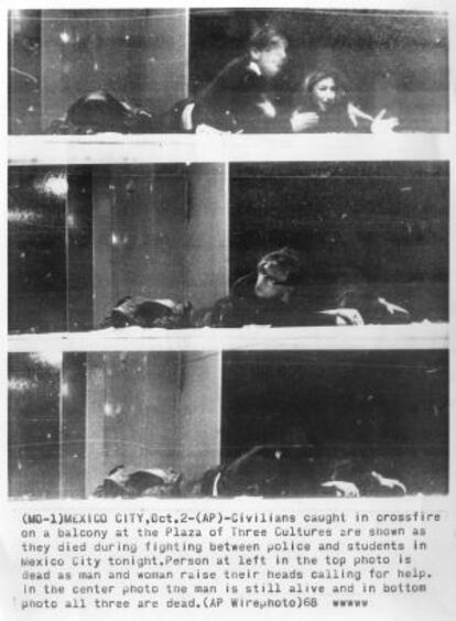 Secuencia de las imágenes realizadas por Jesús Díaz, de la Associated Press, en el instante en que Oriana Fallaci resultaba herida durante la masacre de la plaza de las Tres Culturas en México en 1968.