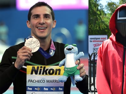 Rommel Pacheco en el Mundial de Natación 2019. A la derecha, una réplica de un personaje de 'El juego del calamar'.