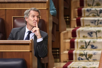 El presidente del PP, Alberto Núñéz Feijóo, este miércoles en el Congreso.