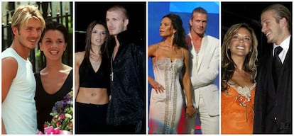 Al principio de su relación, eran los estilismos de David Beckham los más imitados, sobre todo en cuanto a peinados se refieren. En las imágenes, de izquierda a derecha, la pareja en verano de 1999, en enero 2001, en mayo de 2003 y en abril de 2004.
