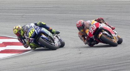 Rossi y Márquez en la carrera de Sepang, Malasia.