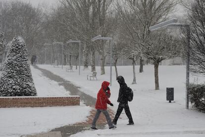 La calle Burgos de la capital alavesa cubierta por la nieve esta mañana.