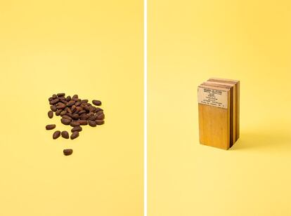 En la imagen de la izquierda, cacao procedente de la finca Sampaka, en Bioko. Colección OQNVCQNS. A la derecha, muestrario de maderas de Guinea Española. Museo Nacional de Antropología, Madrid.