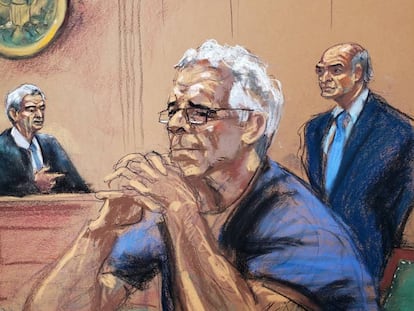 Desenho da audiência em 31 de julho de Jeffrey Epstein, acusado de exploração sexual de dezenas de meninas, no tribunal de Nova York.