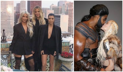 Una de las estrategias de Khloé Kardashian es ocultar su tripa con la auyda de sus familiares. Así lo hizo cuando se ocultó tras sus hermanas Kim y Kourtney (a la derecha de la imagen), o el pasado Halloween abarazando a su pareja, el juagador de la NBA Tristan Thompson, y tapándose con el pelo.