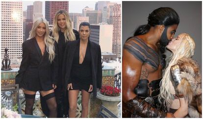 Una de las estrategias de Khloé Kardashian es ocultar su tripa con la auyda de sus familiares. Así lo hizo cuando se ocultó tras sus hermanas Kim y Kourtney (a la derecha de la imagen), o el pasado Halloween abarazando a su pareja, el juagador de la NBA Tristan Thompson, y tapándose con el pelo.