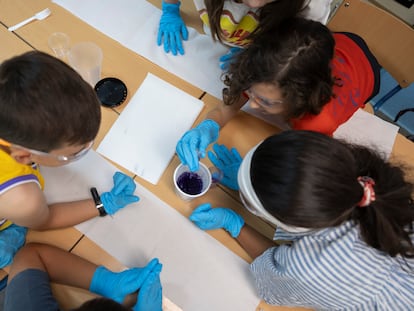 Alumnos y alumnas del CEIP Santa Clara, en Sevilla, hacen un experimento que forma parte de las clases del programa 'Una científica en tu cole andaluz'.