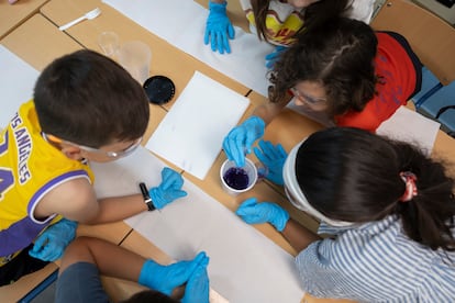 Alumnos y alumnas del CEIP Santa Clara, en Sevilla, hacen un experimento que forma parte de las clases del programa 'Una científica en tu cole andaluz'
