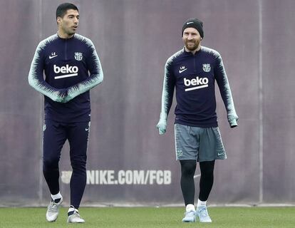 Messi y Suárez, en el entrenamiento del Barcelona del pasado viernes.
