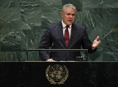 El presidente colombiano, Iván Duque, habla ante la Asamblea General de Naciones Unidas en Nueva York.