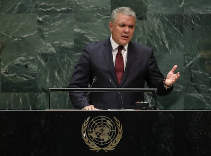 El presidente colombiano, Iván Duque, habla ante la Asamblea General de Naciones Unidas en Nueva York.