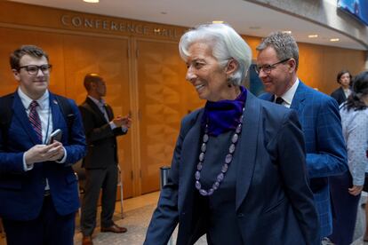 La presidenta del Banco Central Europeo (BCE), Christine Lagarde, este jueves en las reuniones de primavera del FMI y el Banco Mundial en Washington.