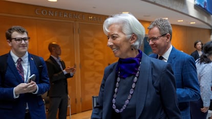 La presidenta del Banco Central Europeo (BCE), Christine Lagarde, este jueves en las reuniones de primavera del FMI y el Banco Mundial en Washington.