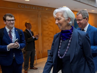 La presidenta del Banco Central Europeo (BCE), Christine Lagarde, este jueves en las reuniones de primavera del FMI y el Banco Mundial en Washington.