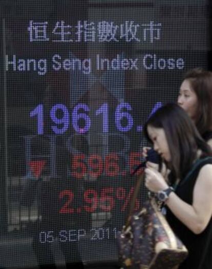 Dos mujeres caminan frente a un tablero electrónico que muestra los resultados del mercado bursátil de Hong Kong. EFE/Archivo