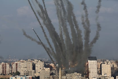 Rockets are fired from Gaza towards Israel, in Gaza, October 10, 2023. 