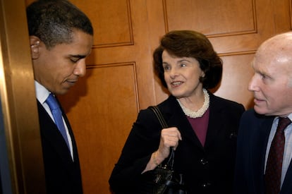 Barack Obama Dianne Feinstein and Herb Kohl leave the Senate floor in 2007.