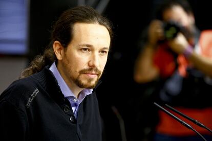 Pablo iglesias en la rueda de prensa de el Congreso de los Diputados esta mañana.
