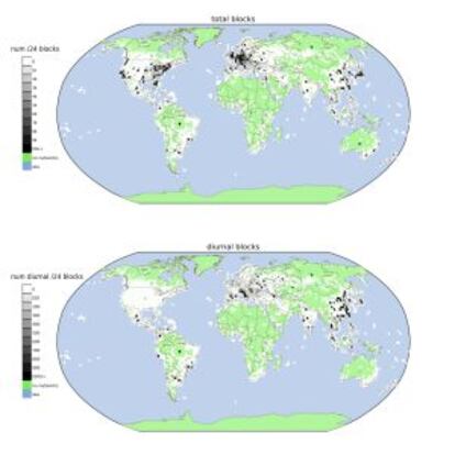 Arriba, distribución geográfica de direcciones IP. Abajo, los bloques de uso diurno. J. Heidemann/USC.