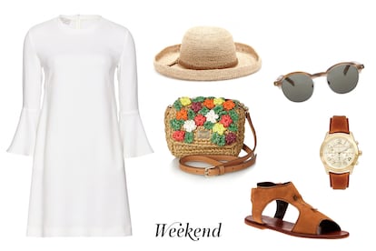 Sandalia de ante para My Theresa (c.p.v), bandolera de rafia con flores bordadas de Dolce&Gabbana (c.p.v), reloj de aire masculino de Michael Kors (277 euros), sombrero decorado con cuerda de cuero trenzada de Hat Attack (85 euros) y gafa vintage de Purificación García (143 euros).