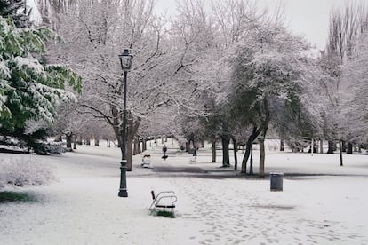 Un parque cubierto de nieve, este miércoles, en Vitoria (País Vasco).
