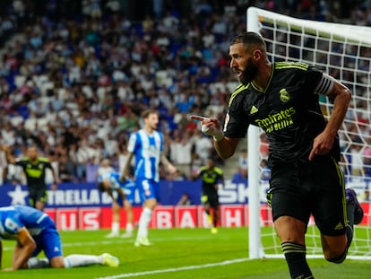 Benzema celebra su primer gol ante el Espanyol en la tercera jornada de Liga.