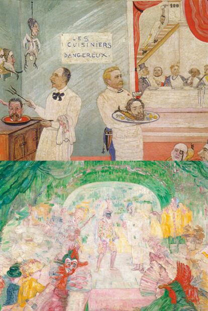 <i>Teatro de máscaras</i> y <i>Los cocineros peligrosos,</i> de James Ensor, obras que se exponen en la Fundación Carlos de Amberes.