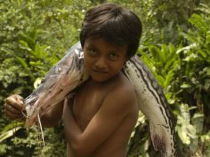 Un niño porta un pescado en Yasuní, cerca del río Napo.