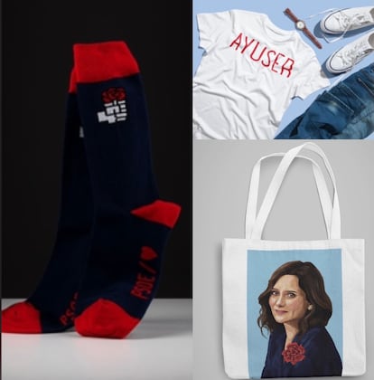 Calcetines con el logo del PSOE y camisetas y bolsas para fans de Ayuso.