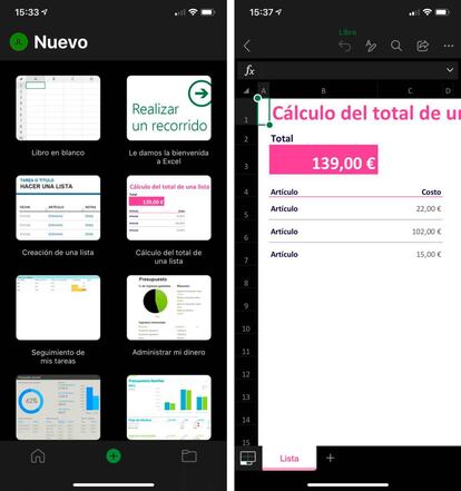 Nuevo diseño de Excel para iOS.