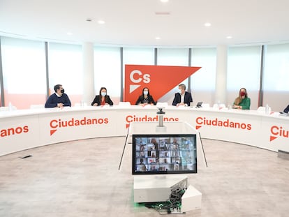 Reunión del comité ejecutivo de Ciudadanos de este lunes, parte presencial y parte telemático.