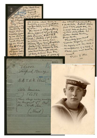 Expediente de Wilfred Henry Oliver, marinero destinado al destructor británico Ariel. Desaparecido el 2 de agosto de 1918, su madre envió esta foto adjunta a una carta enviada al Rey Alfonso XIII.