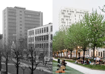 Antes y después de la rehabilitación del edificio de Bruselas The Cosmopolitan, de Bogdan&Vanbroeck.