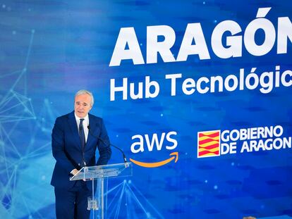 El presidente del Gobierno de Aragón, Jorge Azcón, interviene en la presentación de la inversión que Amazon Web Services realizará en diez años en Aragón para ampliar sus tres centros de datos que ya están en funcionamiento en la región.