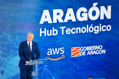 El presidente del Gobierno de Aragón, Jorge Azcón, interviene en la presentación de la inversión que Amazon Web Services realizará en diez años en Aragón para ampliar sus tres centros de datos que ya están en funcionamiento en la región.