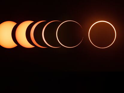 Secuencia de las fases del eclipse solar anular de 2019, desde el comienzo del fenómeno hasta la aparición del 'anillo de fuego'.
