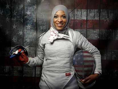 U.S. Olympic team fencer Ibtihaj Muhammad poses for a portrait at the U.S. Olympic Committee Media Summit in Beverly Hills