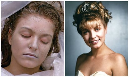 Sheryl Lee en dos imágenes metida en la piel de Laura Palmer, de la serie de televisión 'Twin peaks' (1990).