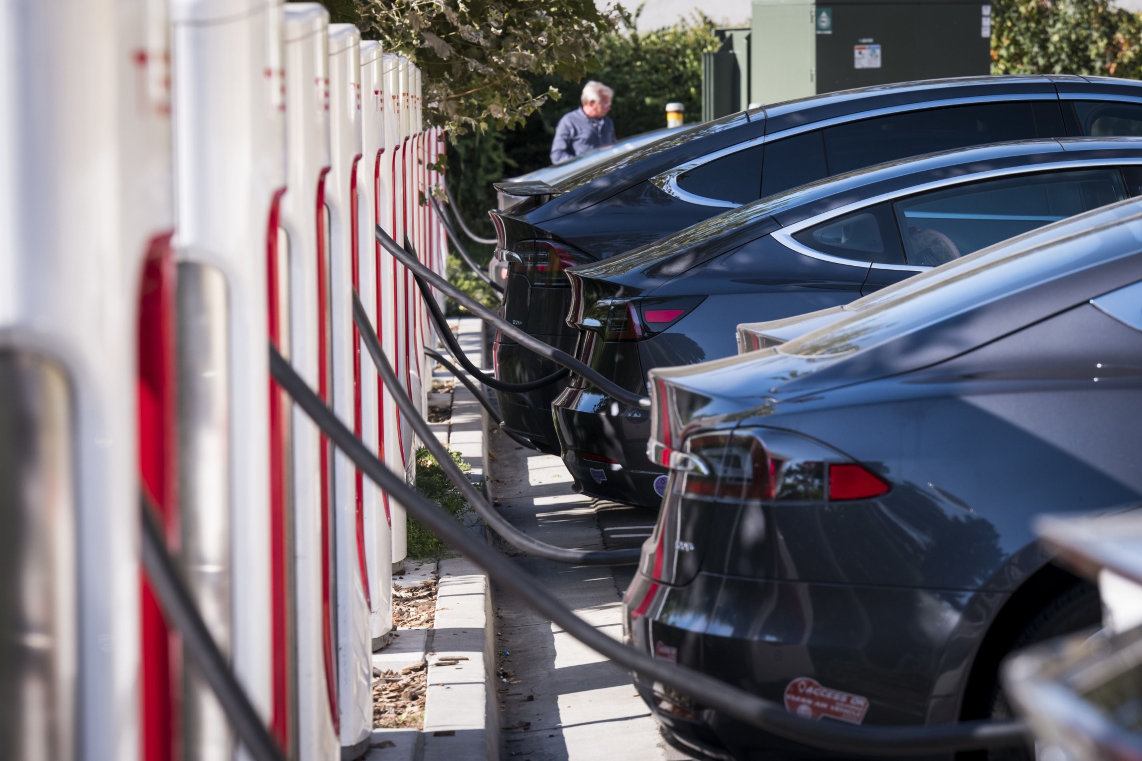 Vehículos eléctricos parados en una estación de carga en Concord, California, en octubre de 2019.