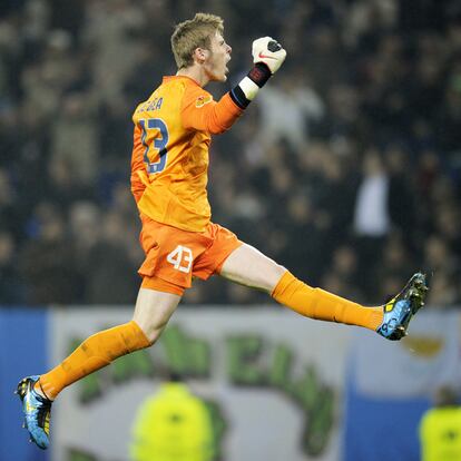 David de Gea celebra el gol durante la final de Hamburgo.