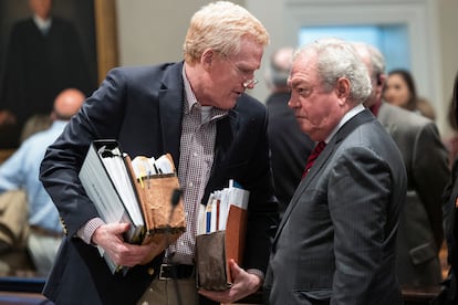 Alex Murdaugh speaks with his attorney Dick Harpootlian during his double murder trial at the Colleton County Courthouse on Wednesday, Feb. 8, 2023, in Walterboro, S.C.