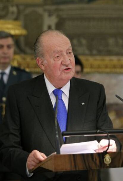 El Rey, durante su discurso previo al almuerzo en honor del presidente de Guatemala, Otto Pérez Molina, el pasado miércoles en el Palacio Real.