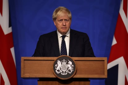 El primer ministro británico, Boris Johnson, durante una rueda de prensa, este martes en Downing Street, Londres (Reino Unido).