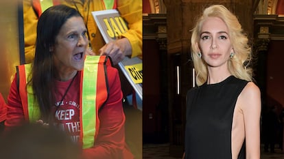 A la izquierda, Aileen Getty, en una protesta en Los Ángeles, California, en febrero de 2020. A la derecha, Sabine Getty en una fiesta de recaudación de fondos de la National Gallery, el 23 de junio de 2022 en Londres.