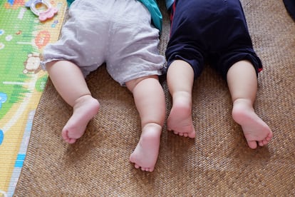Dos bebés tumbados juntos en una alfombra.