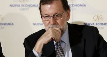 Rajoy, esta mañana en un desayuno informativo.