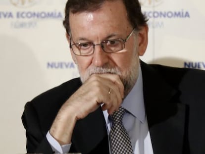 Rajoy, esta mañana en un desayuno informativo.