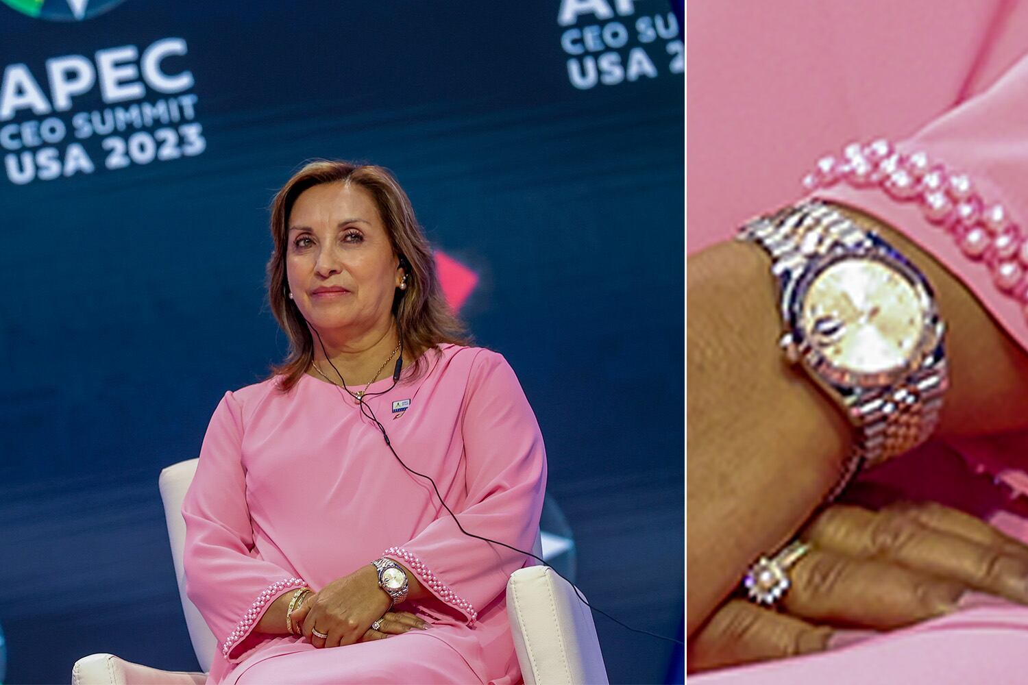 Dina Boluarte con un reloj Rolex modelo Datejust 36, el 16 de noviembre de 2023.