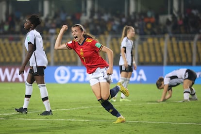 GOA, INDIA - OCTOBER 26: Lucia Corrales of Spain celebrates after scoring her teams first goal during the FIFA U-17 Women's World Cup 2022 Semi Final match between Germany and Spain at Pandit Jawaharlal Nehru Stadium on October 26, 2022 in Goa, India. (Photo by Joern Pollex - FIFA/FIFA via Getty Images)